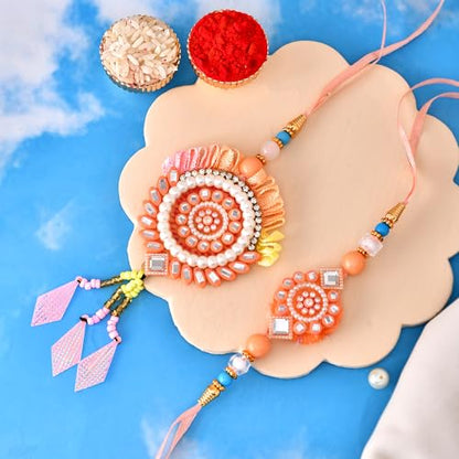 Premium Designer Bhaiya Bhabhi Rakhi Set with Lumba, Greeting Card, Roli Chawal & Fridge Magnet - color: Design-3