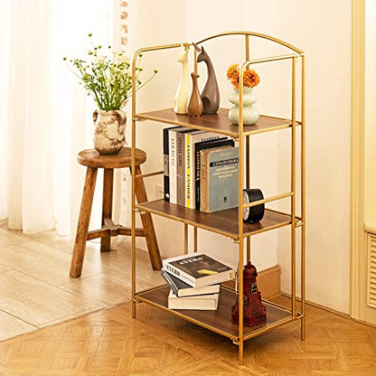 Crofy 3-Tier Foldable Bookshelf, Gold Frame & Walnut Shelves - color: Gold Frame & Walnut Shelf, size: 3 Tier