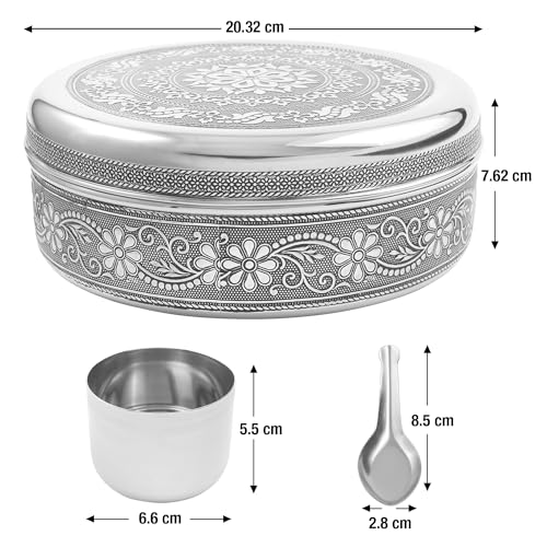 KSJONE Designer Spice Container Masala Dabba, 7 Spice Jars, Holds 7 Spices, Spice Container Box, Polished Stainless Steel with 7 Serving Spoons, Indian Masala Dabba with Lid, 8 Inch