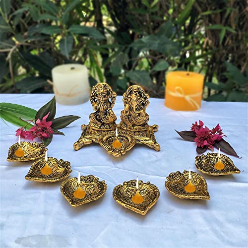 Wonder Care Ganesha Lakshmi Statue Sculpted in Great Detail in Ivory Antique Finish Metal Diya for Diwali Pooja Oil Lamp- Ganesh Idol for Car | Home Decor | Mandir | Gift | Hindu God Idol