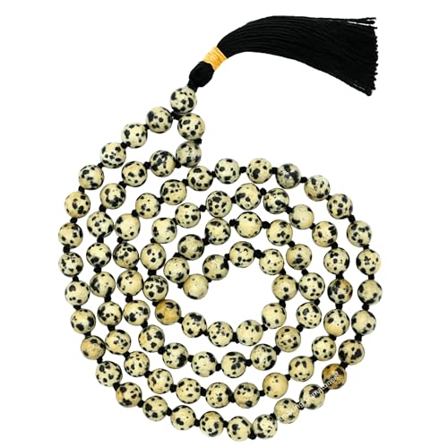 Amazing Gemstone Dalmatian Jasper Mala Beads - 108 Prayer Beads for Meditation and Mindfulness Practice, Handcrafted Mala Beads with Natural Gemstones for Spiritual Healing and Relaxation (Knotted) - color: Dalmatian Jasper, style: Knotted
