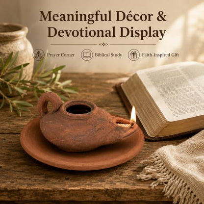 Biblical Oil Lamp Set, Handmade Holy Land Clay Lamp with Plate & 2 Wicks - color: Antique / Black