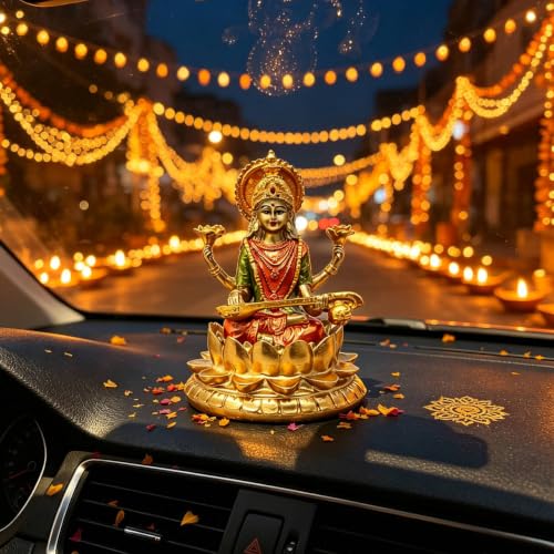Hindu Saraswati Goddess Statue for Car Dashboard Deco w/ 2pcs Stickers