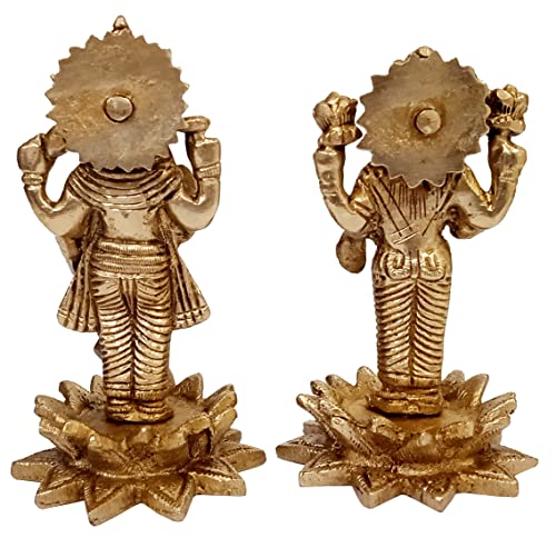 Purpledip Purledip Brass Idols Vishnu Laxmi On Lotus: Glorious Statue Set for Home Temple Or Display Collection (12644)