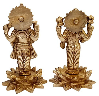 Purpledip Purledip Brass Idols Vishnu Laxmi On Lotus: Glorious Statue Set for Home Temple Or Display Collection (12644)