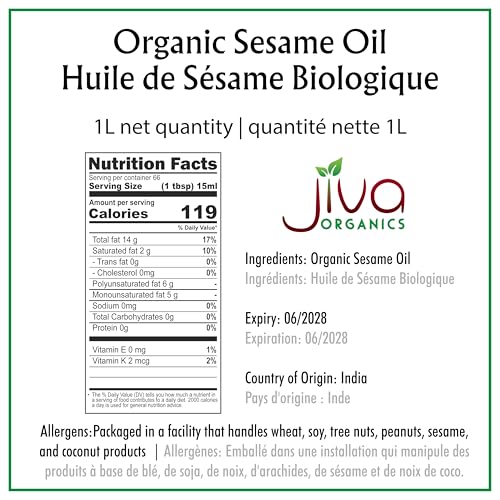 Jiva Organics Organic Sesame Oil 1 Liter Bottle - Ideal for Ayurveda & Cooking, From Organic Seeds, 100% Natural & Non-GMO - size: 33.8 Fl Oz (Pack of 1)