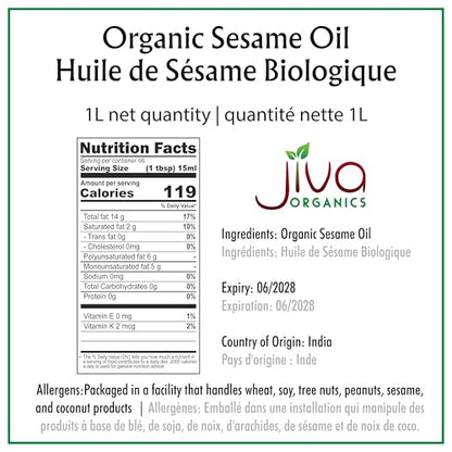 Jiva Organics Organic Sesame Oil 1 Liter Bottle - Ideal for Ayurveda & Cooking, From Organic Seeds, 100% Natural & Non-GMO - size: 33.8 Fl Oz (Pack of 1)