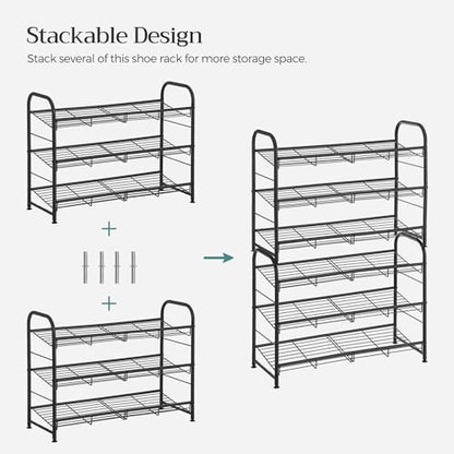 SONGMICS 3-Tier Stackable Metal Shoe Rack, Holds Up to 12 Pairs of Shoes - color: Black, size: 3 Tiers (27"W)