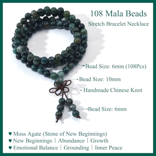 108 Mala Beads Stretch Bracelet 6mm Natural Gemstone Prayer Beaded Necklace - color: Moss Agate