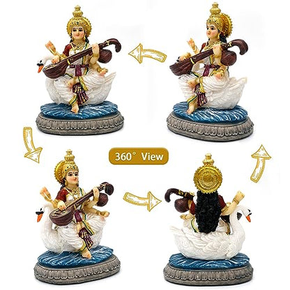 alikiki Indian Gifts Item Saraswati Statue - 5.5”H Saraswati Puja Diwali Gifts Pooja Vasant Panchami Home Office Temple Mandir Altar Yoga Studio Meditation Room Decor India Wedding Housewarming Gifts