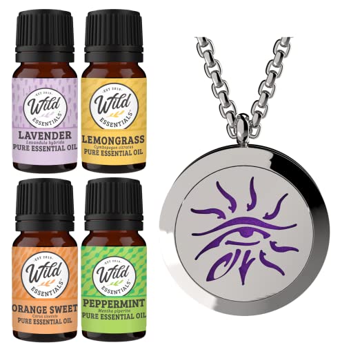 Wild Essentials Wisdom Eye Necklace Essential Oil Diffuser Kit with Lavender, Lemongrass, Peppermint, Orange Oils, 12 Refill Pads, Calming Aromatherapy Gift Set, Customizable Color Changing, Perfume - color: Silver Eye, size: 4 Oils