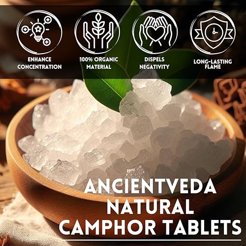 ANCIENT VEDA Natural Camphor Tablets in Glass Jar Bottle Premium Quality Refined 100% Natural for Aromatherapy, Odor Eliminator, Puja, Alcanfor (50 Gram) - size: 50 Gram
