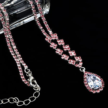 CIEHER 4/5 Pieces Women Jewelry Set - Rhinestone Crown + Drop Necklace + Elegant Bangle Bracelet + Crystal Teardrop Dangle Earrings for Bridal Wedding Party - color: Pink