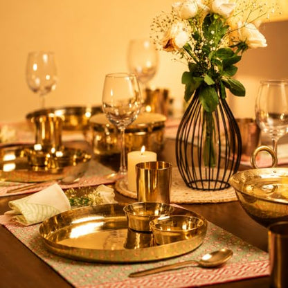 P•TAL Pure Kansa 5 Piece Dinner Thali Set | 100% Handcrafted Bronze Dinnerware | 11 Inch Thali, 2 Bowls, 1 Glass & 1 Spoon | Traditional Golden Indian Dining Set | Ayurvedic Bronze Utensils