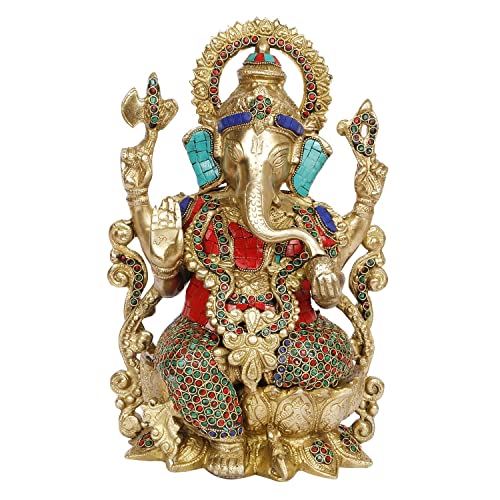 Liv Brass Lord Ganesha Statue 12.5 Inch Large, Ganesh Idol with Stonework Finish, Easter Decor House Warming Gifts Religious Sculptures Return Home Temple - color: Art Deco 6
