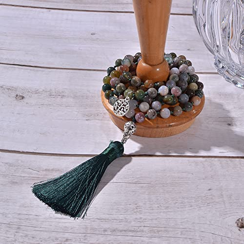108 Mala Prayer Beads Necklace Natural Stones Meditation Yoga Jewery 108 Hand Knotted Japa Mala Beaded Long Tassel Necklace with Tree of Life Pendant for Men and Women - color: 8mm Indian Agate