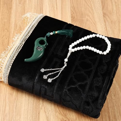 FUMMI Soft Padded Muslim Prayer Rug with Tasbih Beads, Thick Non-Slip Islamic Prayer Mat, Luxurious Janamaz for Men & Women (Black) - color: Black(with Counter)