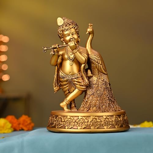 Artarium Baby Krishna Idol 7.8 Inch, Handmade Bal Laddoo Gopal Krishna Statue with Flute & Peacock, Lord Krishna Murti for Home Temple, Mandir Pooja Room, Meditation Altar, Spiritual Gift for Indian - color: #1 Bal Krishna Idol