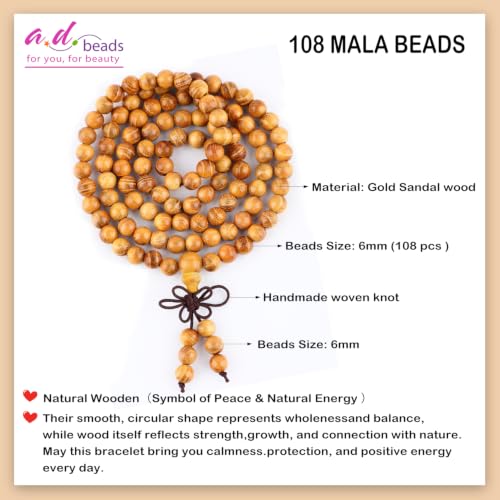 AD Beads 6mm 8mm 108 Prayer Mala Jasper Elastic Bracelet - Handmade Yoga Meditation Healing Power Energy Gifts for Unisex Adult. - color: Gold Sandal wood (Peace)