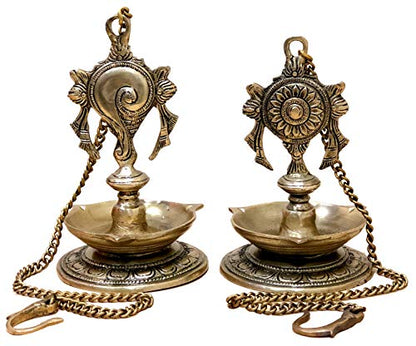 StonKraft - Pair of Brass Hanging Diya, Oil Lamp, Lamp for Home and Office (Hanging Length 25.75")