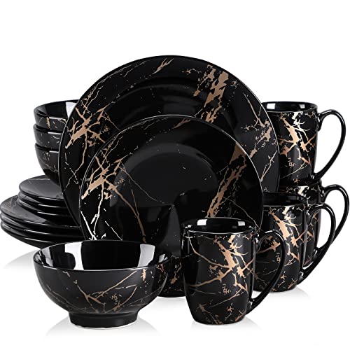 LOVECASA Black Plates and Bowls Sets for 4, Porcelain Dinnerware Sets 16 Piece Gold Splash Glaze Ceramic Dish Set, Round Dinner Set with Mugs, Dishwasher Microwave Safe - color: Black_Gold, size: 16 Piece (Service for 4)