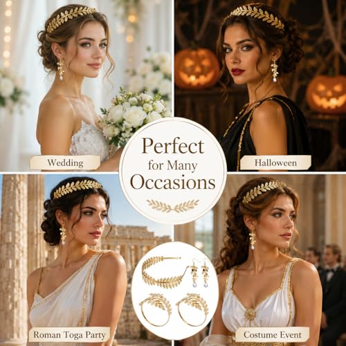 5PCS Greek Goddess Costume Accessories Set Gold Headband Laurel Wreath Headpiece with Armband and Earrings Toga Costume Woman Leaf Crown for Wedding Halloween Roman Toga Party