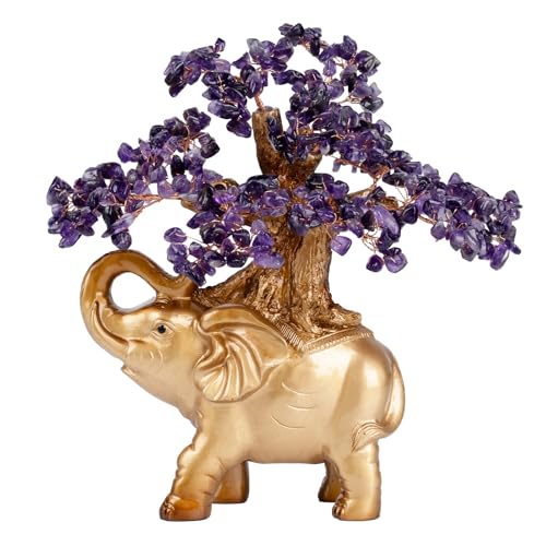 Amethyst Crystal Money Tree on Gold Mini Elephant Statue, 10”Gemstone Bonsai Tree of Life Home Décor Gifts for Wealth Positive Energy, Feng Shui Décor - color: Amethyst, size: 10 inches Tall