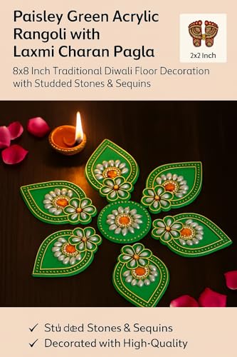 Acrylic Deepak Diwali Rangoli with Laxmi Charan Pagla | Diwali Floor Decorations Table Decoration Studded Stones Sequins Traditional Festive Home Door Décor (Design4)