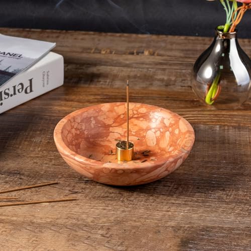 Koville Natural Marble Incense Holder, Incense Holder for Sticks with 9 Holes, Handmade Incense Burner Ash Catcher for Meditation Yoga SPA, Balsam Fir/Palo Santo/Sage/Cone (Red) - color: D=130-red