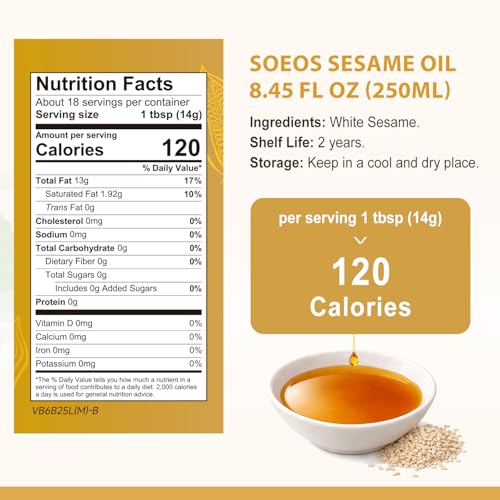 Soeos Sesame Oil, 8.45 Fl Oz (250 ml), Rich Nutty Flavor, Premium Asian Cooking Oil for Stir-Fry, Marinades, Noodles, Rice & Dipping Sauce