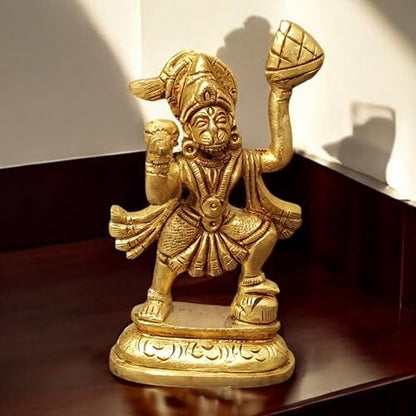 4" Brass Hanuman Statue with Sanjivani Mountain – Standing Lord Hanuman Idol | Small Hindu Monkey God Bajrangbali Murti for Devotion, Strength, Courage & Bhakti | Spiritual Pooja Idol - size: 4"Inch