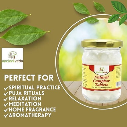 ANCIENT VEDA Natural Camphor Tablets in Glass Jar Bottle Premium Quality Refined 100% Natural for Aromatherapy, Odor Eliminator, Puja, Alcanfor (100 Gram) - size: 100 Gram