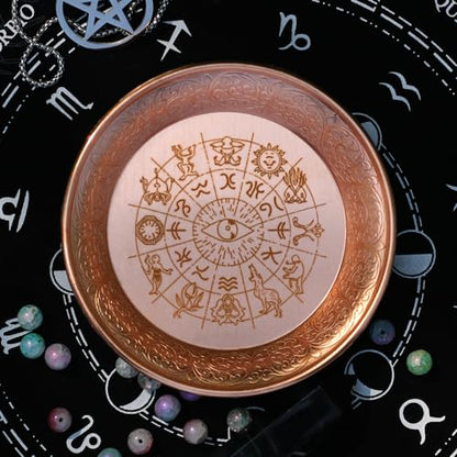 Copper Offering Prayer Ritual Bowl - Carving Twelve Tonstellations Brass Decorative Plate Great for use Smudging, Incense Burner Holder,Candle Dish, Ash Catcher,Jewelry Dish,Keys Basket - style: Twelve Tonstellations