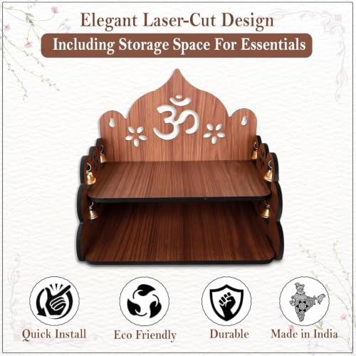 Small Pooja Mandir for Home Wall Mount & Tabletop | Wooden Temple with Bells | Mini Mandir for Office, Home, Daily Worship & Decor