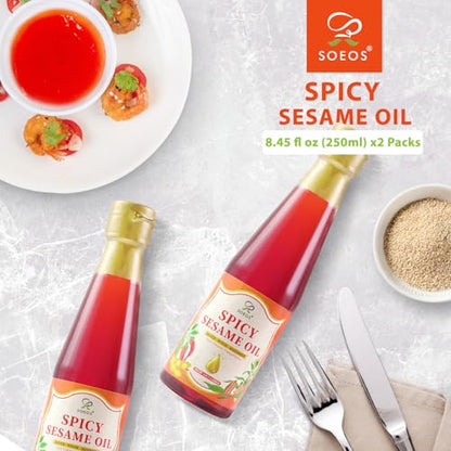 Soeos Spicy Sesame Oil, 8.45 fl oz (250ml), Pack of 2, Total 500ml, Aromatic Chili-Infused Flavor, Bold Heat & Nutty Taste, Toasted Sesame Chili Oil, Ideal for Stir-Fry, Marinade, Dressings, and Dipping Sauces - size: 8.45 Fl Oz (Pack of 2)