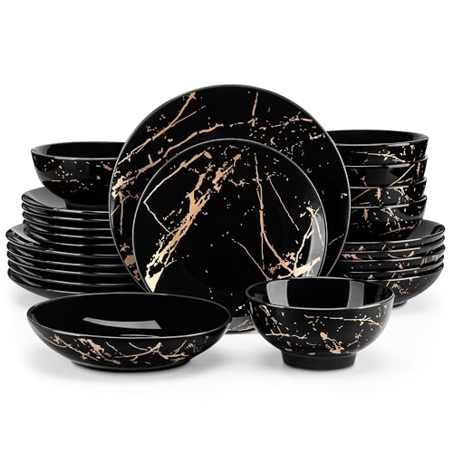 LOVECASA Plates and Bowls Sets for 6, 24 Pieces Porcelain Dinnerware Sets, Black and Gold Dish Set Gold Splash Dishware Sets, Dishwasher Microwave Safe - color: Black_Gold, size: 24 Piece (Service for 6)