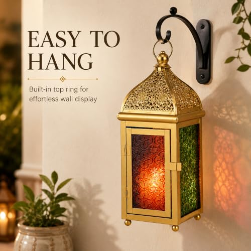 TRIROCKS 12 Inch Gold Moroccan Candle Lantern, Metal Hanging Candle Holder - size: 5*12"H