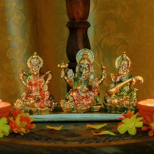 alikiki Hindu Lakshmi Ganesha Saraswati Statue - Laxmi Ganesh Idol for Car Dashboard Decor Home Temple Mandir Pooja Item Indian Puja Item Diwali Gift Meditation Yoga Altar Decoration
