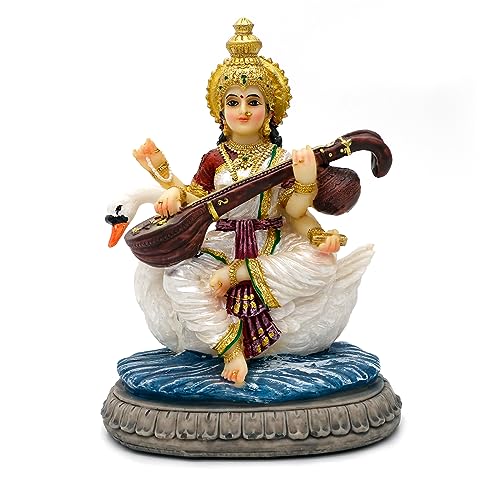 alikiki Indian Gifts Item Saraswati Statue - 5.5”H Saraswati Puja Diwali Gifts Pooja Vasant Panchami Home Office Temple Mandir Altar Yoga Studio Meditation Room Decor India Wedding Housewarming Gifts