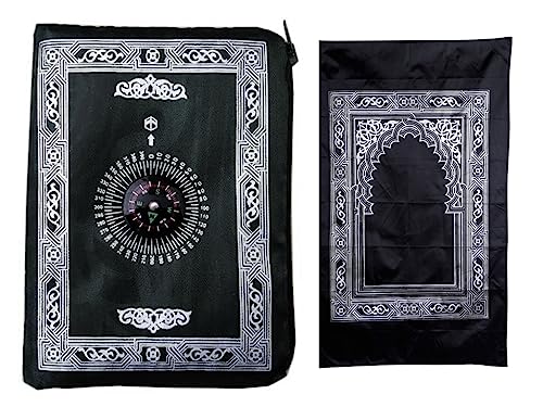 1 Pieces Islamic Prayer Mat,Muslim Prayer Carpet,with Compass Pocket Sized Carry Bag,Muslim Travel Prayer Mat and Attached Compass,Islamic Prayer Rug,with Compass,Black
