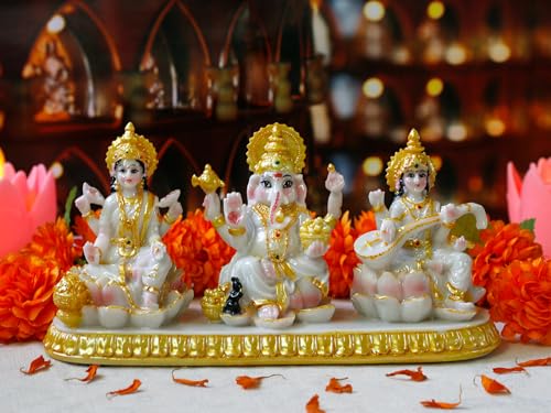 Indian Ganesha Lakshmi Saraswati Statue - 3.9”H Hindu God Ganpati Laxmi for Car Dashboard Decor India Murti Diwali Pooja Gifts for Indian Family Frined Home Office Temple Mandir Altar Puja Item