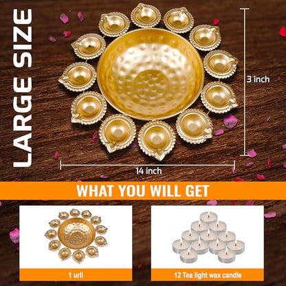 DIYANA IMPEX Urli Bowl for Diwali Decoration for Floating flowers and Perfect for Home Décor, Christmas, Pooja, Festive with Tea light Candles (Diya)