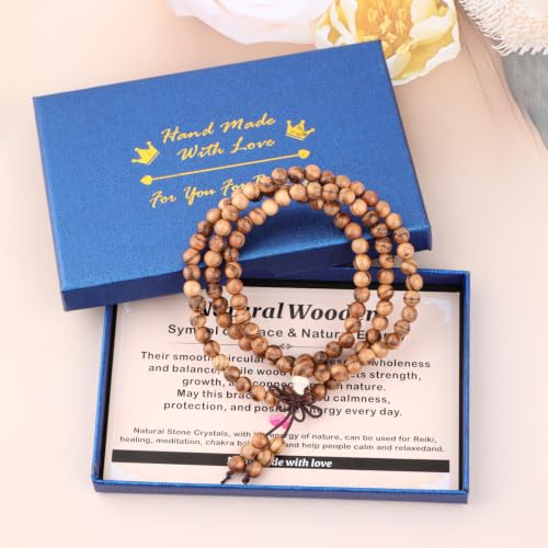 AD Beads 6mm 8mm 108 Prayer Mala Jasper Elastic Bracelet - Handmade Yoga Meditation Healing Power Energy Gifts for Unisex Adult. - color: Vietnamese Sandal Wood(Warmth)