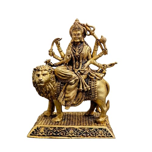 Durga MATA Brass Idol – Hindu Goddess Murti for Home Puja Mandir, Temple Decor, Sitting on Lion, Blessing Statue, Indian Handicraft, Symbol of Strength & Protection