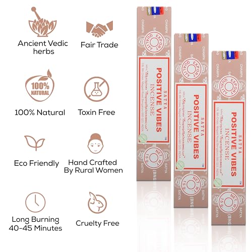 Satya Positive Vibes Incense Sticks, Satya Bng (Bangalore) Insenses 15gmx3 Pack (45 GMS) with Raajsee Incense Holder Bundle, Satya Nagchampa Natural Incense - color: Positive Vibes