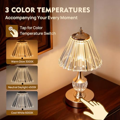 Gold Crystal Battery Operated Rechargeable Lamp Cordless, Pleated - color: Gold-Pleated