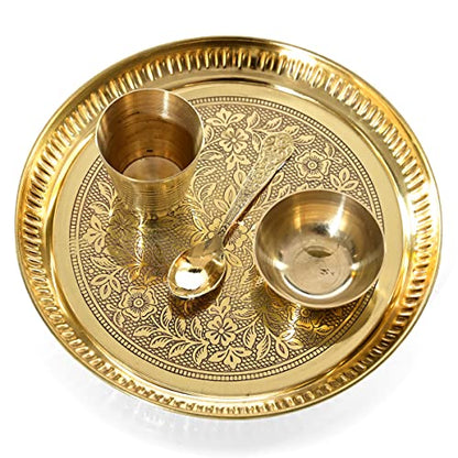 Decorative Brass Flower Design Pooja Thali Set of 4 Pcs,Indian Traditional Brass Pooja 1 Plate with 1 Bowl, 1 Glass and 1 Spoon for Temple and Home Bhog Thali Set Gift (Size:-8'')(Golden) - size: 7 Inches