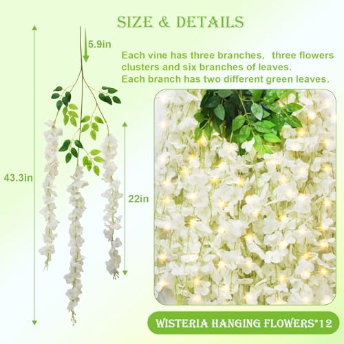Wisteria Hanging Flowers with Lights, 12 Pcs Artificial Wisteria Garland - color: White With Lights, size: 12 Pack