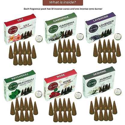 Trumiri Floral Incense Cones - Variety Pack - Total 60 Cone Incense (6 Scents x 10 Conos) - Rose, Lavender, Jasmin, Patchouli, Gardenia, Lily - Cone Incense Scents - Insense Cones - Incent Cone - color: Floral