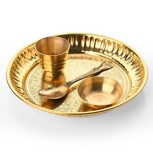 Brass Pooja Accessory Article Thali Set for Indian Pital for Janamasthmi Navratri Pooja Home and Temple Kanha Ji Small Bartan Offering Bhog Prasad Thakur Ji Essential Pooja Item (Bhog Thali Set-4 Pcs) - color: Bhog Thali Set-4 Pcs